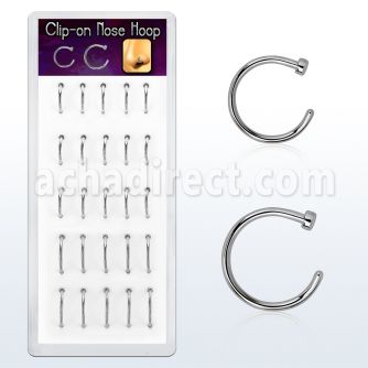 box w 25 steel clip on nose hoops, 18g