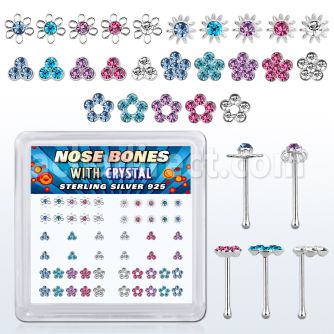 box w 52 silver nose bones w flower crystal tops