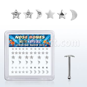 box w silver nose bone w star & moon tops w clear crystal
