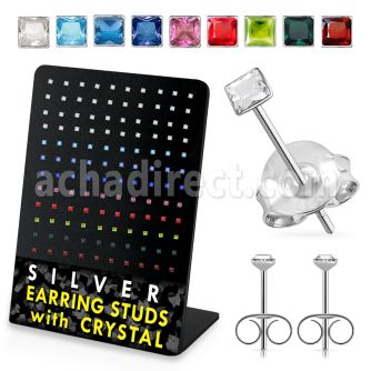 br067 silver earstud with square assorted colored crystal top