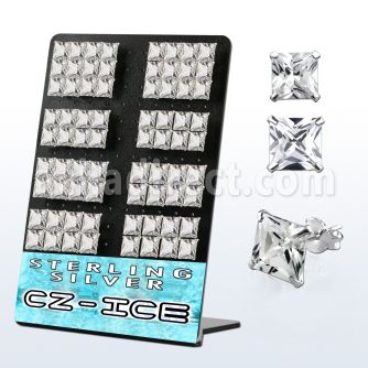 brczsq9 silver ear stud with 9 10mm prong set square cz stones