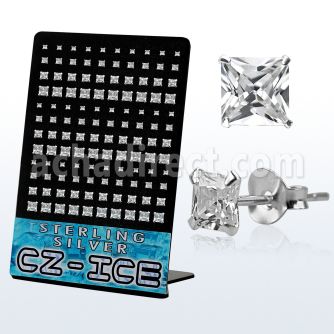 brczsqs silver ear stud with clear prong set square cz stones