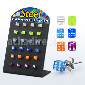 brdi4 stainless steel ear stud w acrylic colored uv dice tops