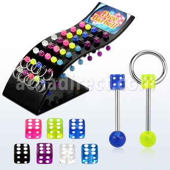 brdi 316l steel tongue barbell w acrylic uv dice slave ring