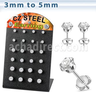 bresz2 stainless steel earring stud with prong round cz stone