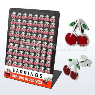 brmch silver earring stud with enamel painted cherry top