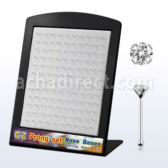 brnbczc silver nose bone with 2mm prong round clear cz stone