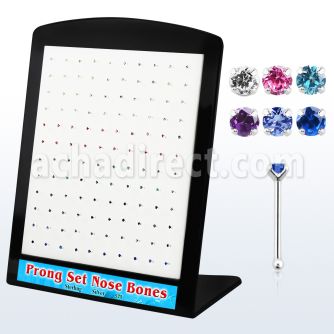 brnbpm silver nose bone with prong assorted colored crystal top