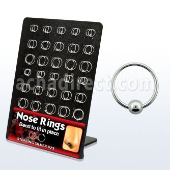 brnhm6 board of sterling silver nose hoops with ball in 8 12mm