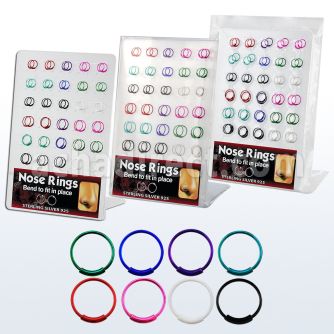 brnhp17 board of silver endless nose hoops with 8 color platings