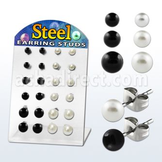 brper3 board of 316l steel earring stud with b w pearl ball