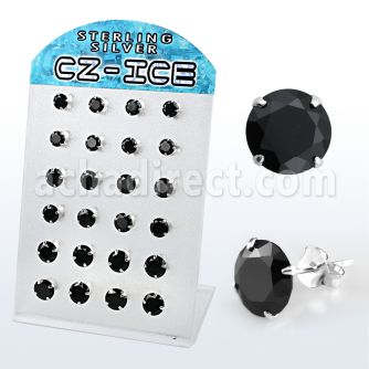 brsczb silver ear stud with black prong set round cz stone