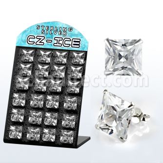 brsczsq9 silver ear stud with big clear prong set square cz stone