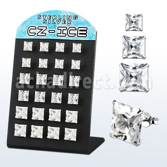 brsczsq silver ear stud with clear prong set square cz stone