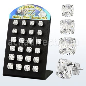 brssqf silver ear stud w prong square checkered cut cz stone