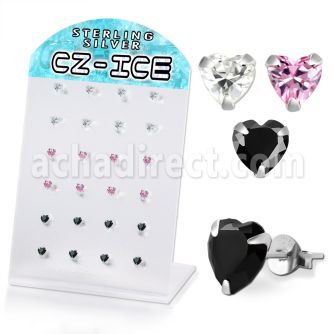 brszh3a silver ear studs heart assorted color cz 12