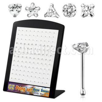 brzbmc silver nose bone with various shaped prong set cz stone