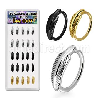 bxechf1 box plain, black gold steel helix ear cuffs w feather
