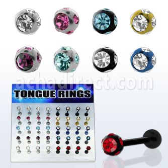 dacb18 board of 316l tongue barbell w multi jewel steel ball