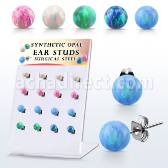 dacb228 display w 16 steel ear studs w synthetic opal ball