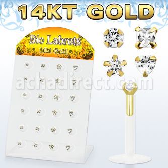 dgbimc bioflex labret w push in 14kt gold top with prong cz