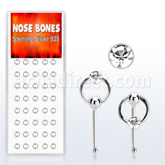 dnbrc1 box of silver nose bones w clear crystal on slave hoop