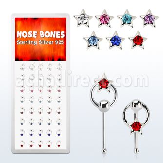 dnbrm3 silver nose bones with star w crystal on slave hoop