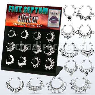 dnsm116 display w 12 silver fake septum clickers w indian design