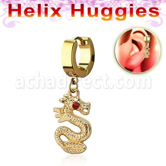 ehg721 gold steel helix huggie w dangling dragon w crystal eyes