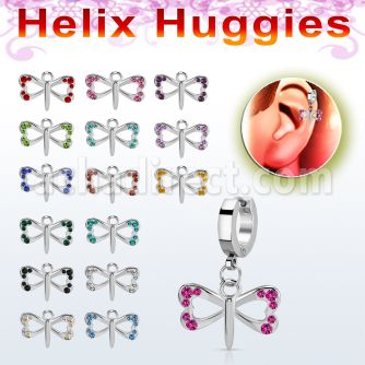 ehh761 stainless steel huggie w a dangling small dragonfly