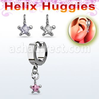 ehhz585 helix huggie w a dangling prong set star shaped cz stone