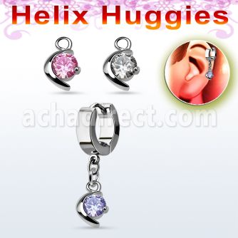 ehhz8 helix huggie w a dangling moon with a round cz stone