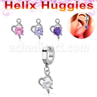 ehhz9 helix huggie w a dangling heart w a big central round cz