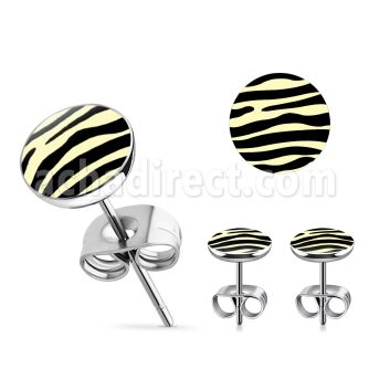 er232 pair of stainless steel ear studs w b w zebra stripes