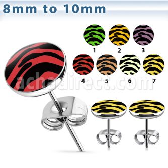 er240 pair of steel ear studs w assorted color zebra stripes