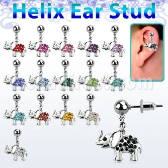 erbd467 316l steel ear stud ball with crystal elephant