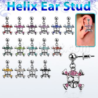 erbd8 316l steel helix ear stud ball w crystal studded skull