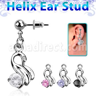 erbz375 316l steel helix ear stud ball with dangling swan w cz