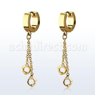 erg652 gold steel huggies earrings w dangling handcuffs