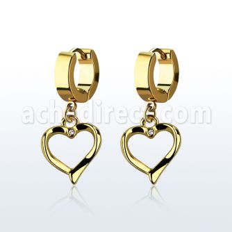 erg666 gold steel huggies earrings w a heart shaped dangling
