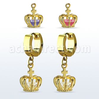 ergz590 gold plated stainless steel huggie w dangling crown w cz
