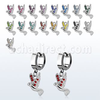 erh550 steel huggies earrings w dangling dove w tiny crystals