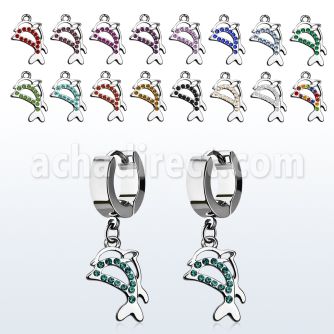 erhdp17 steel huggies earrings w dangling crystal twin dolphins