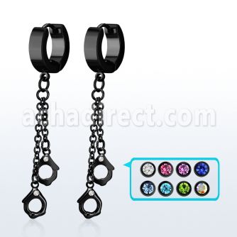 erk652 black steel huggies earrings w dangling handcuffs