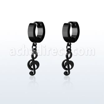erk709 black steel huggies earrings dangling black musical note