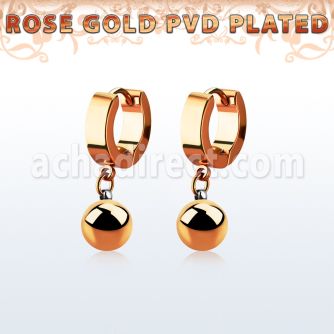 errbt8 rose gold steel huggies earrings w dangling 8mm ball