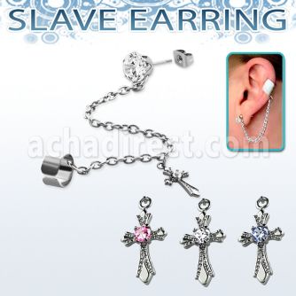 erzdld6 steel slave ear stud w prong cz w dangling cross w cz