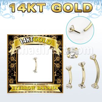 gbnz 14k gold eyebrow banana w thread less top w cz stones
