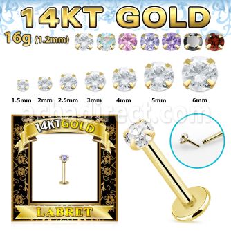 glbz solid 14k gold labret w thread less push in top w cz