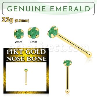 gnbge10 14kt gold nose bone with a 2mm prong set emerald